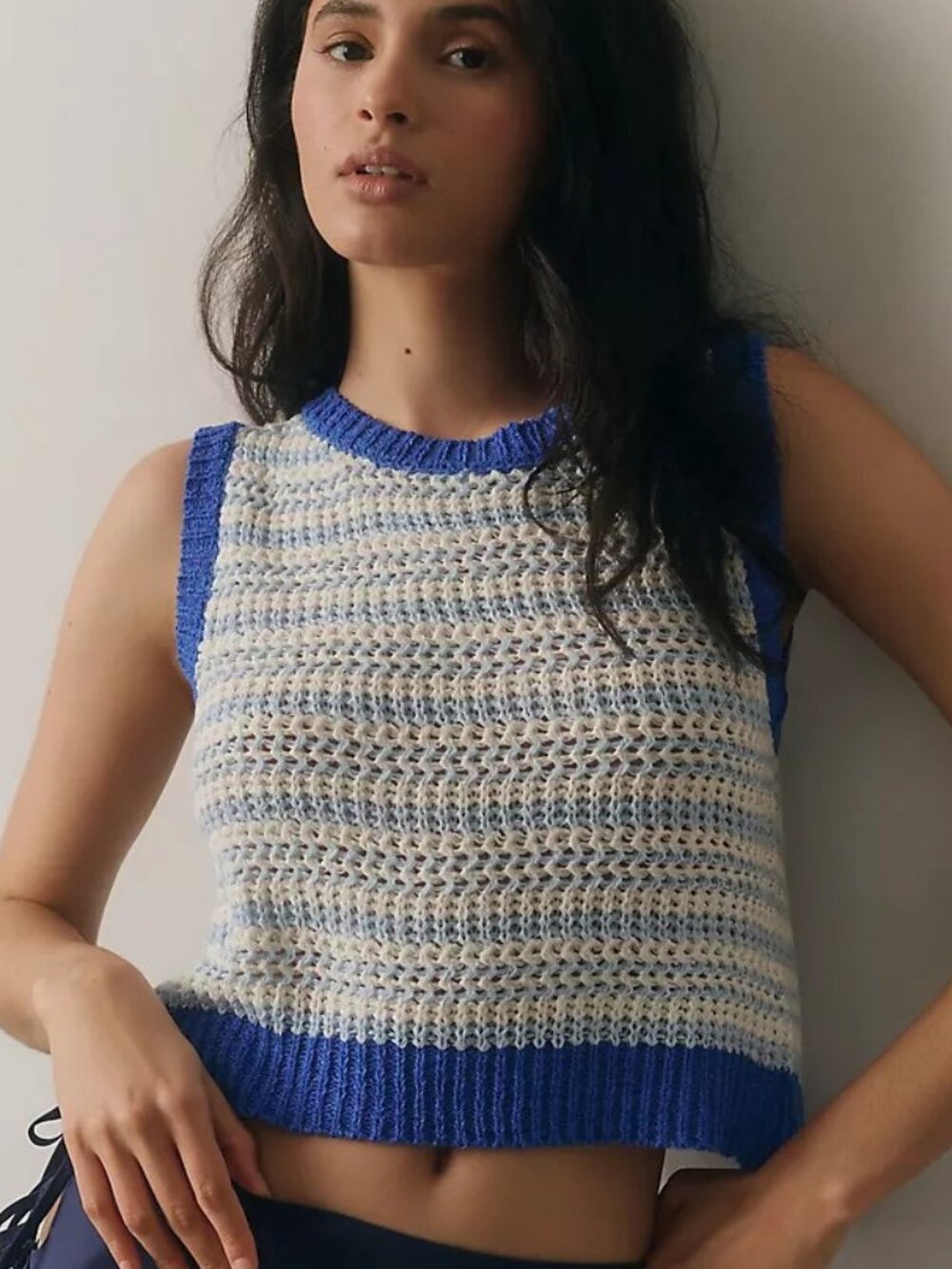 Flat White Ocean Treasure Striped Crochet Sweater Vest Top Blue S View 2